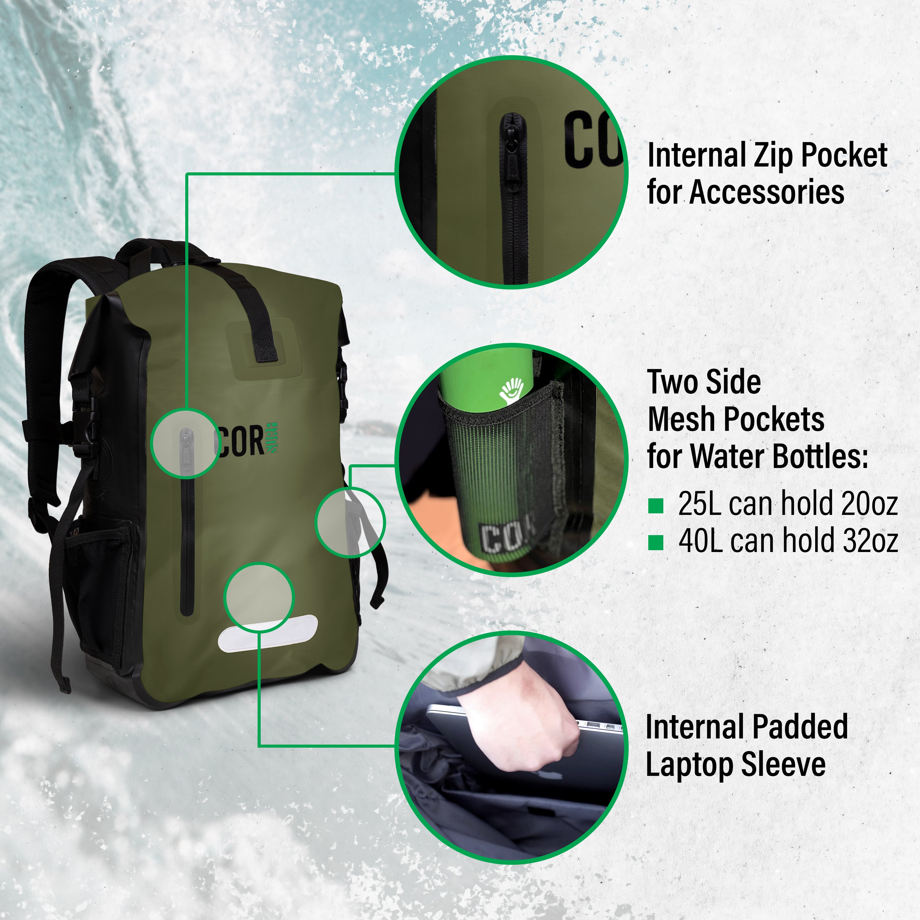waterproof dry bag backpack rucksack with laptop sleeve and waterbottle size pockets