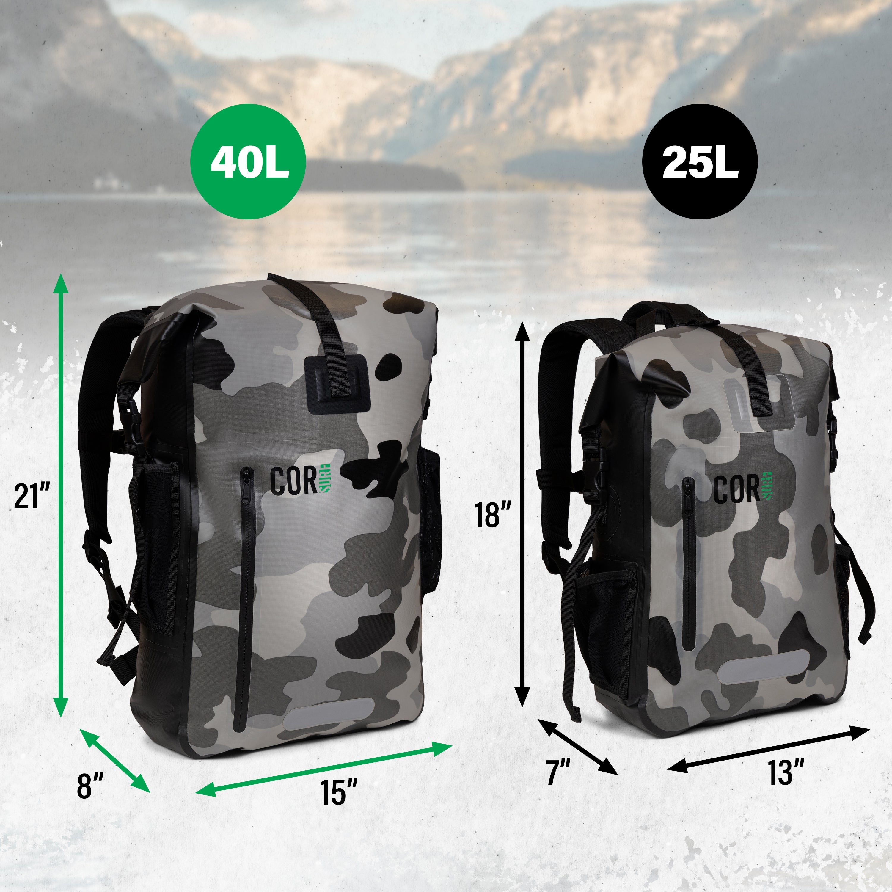 waterproof dry back backpack size chart for 25L and 40L