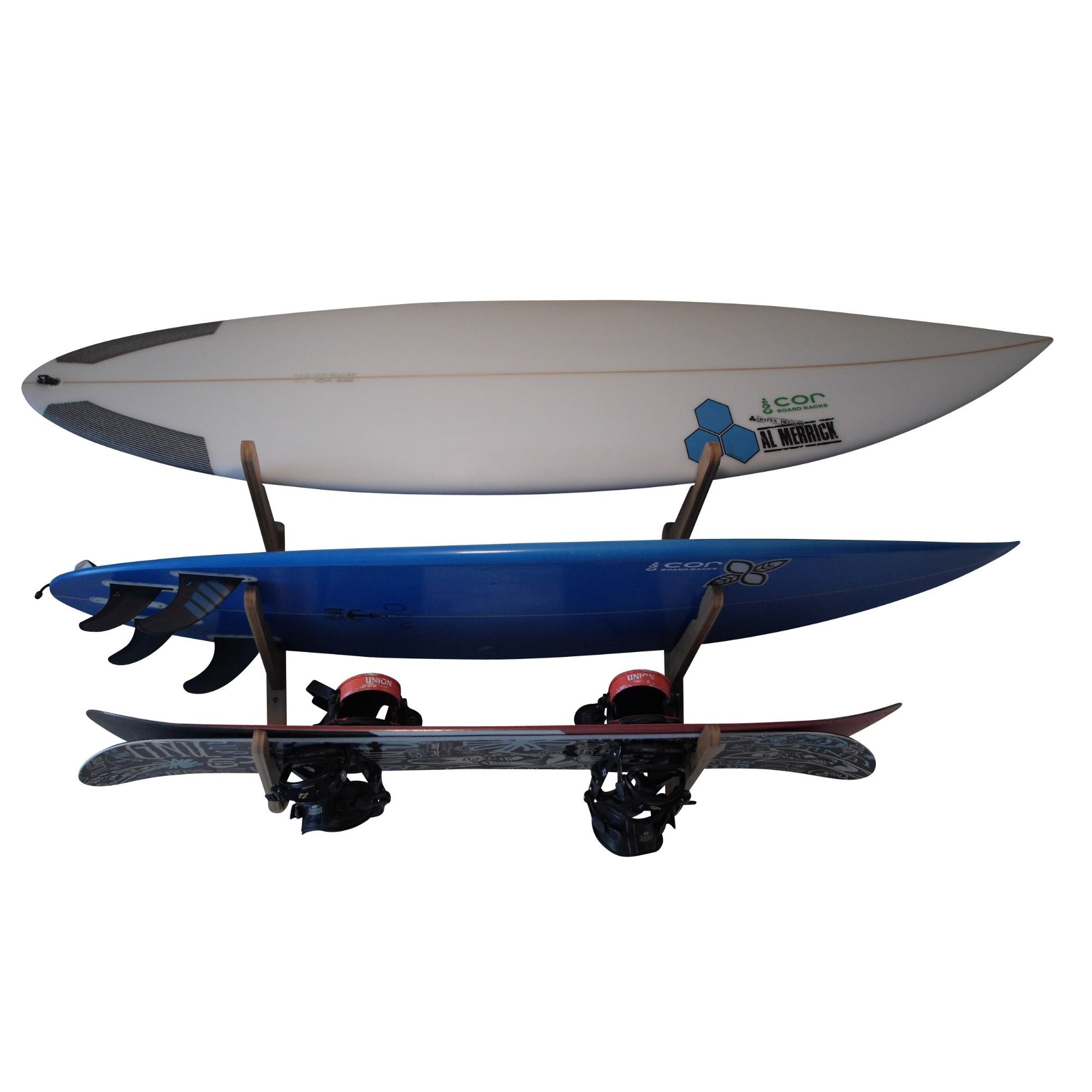 surfboard snowboard wall mount for three boards longboard shortboard and skateboard