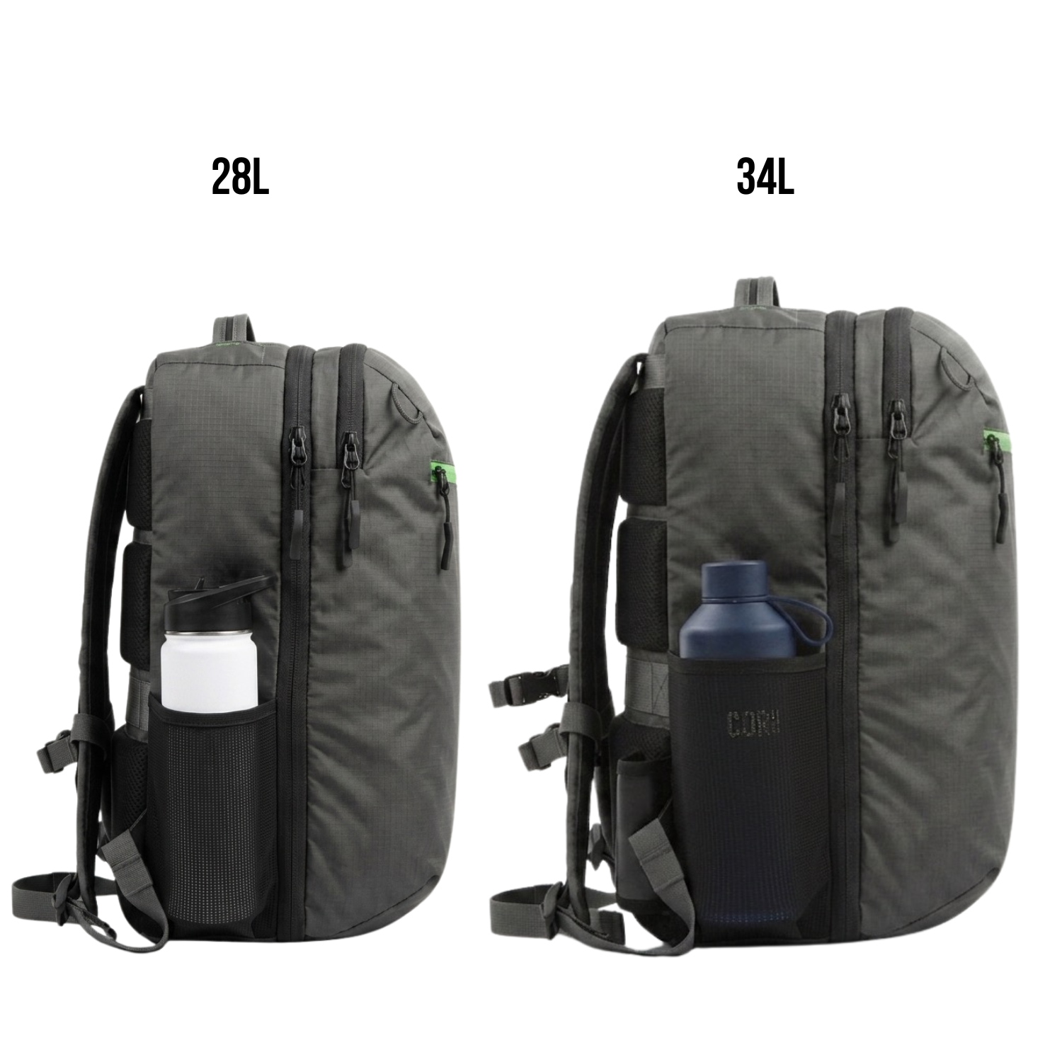 The island hopper 2.0 carry on travel backpack 28L and 34L Size comparison