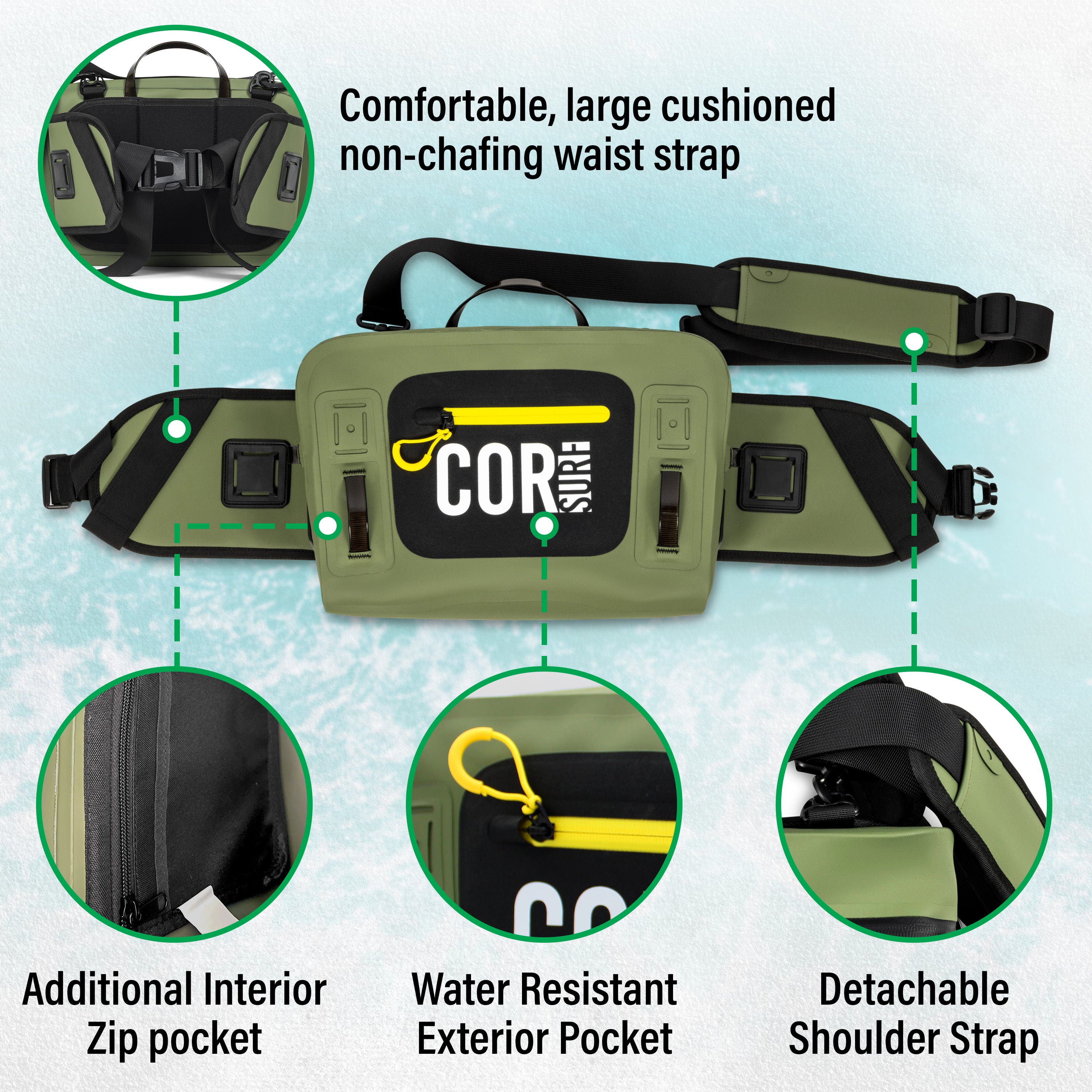 fanny pack with waterproof zipper detachable shoulder strap fly fishing paddleboarding