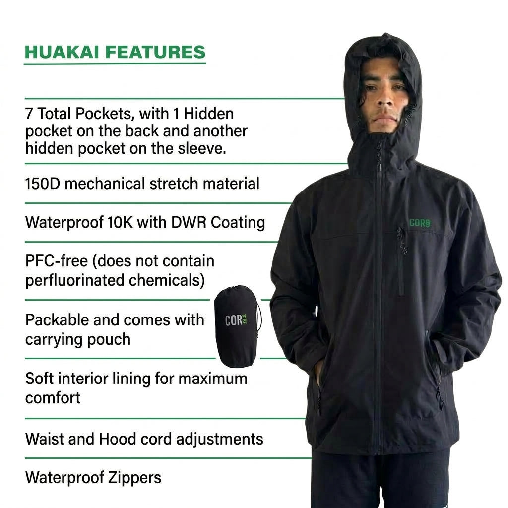 The Huakai Travel Rain Jacket - Black w/ Green Zipper