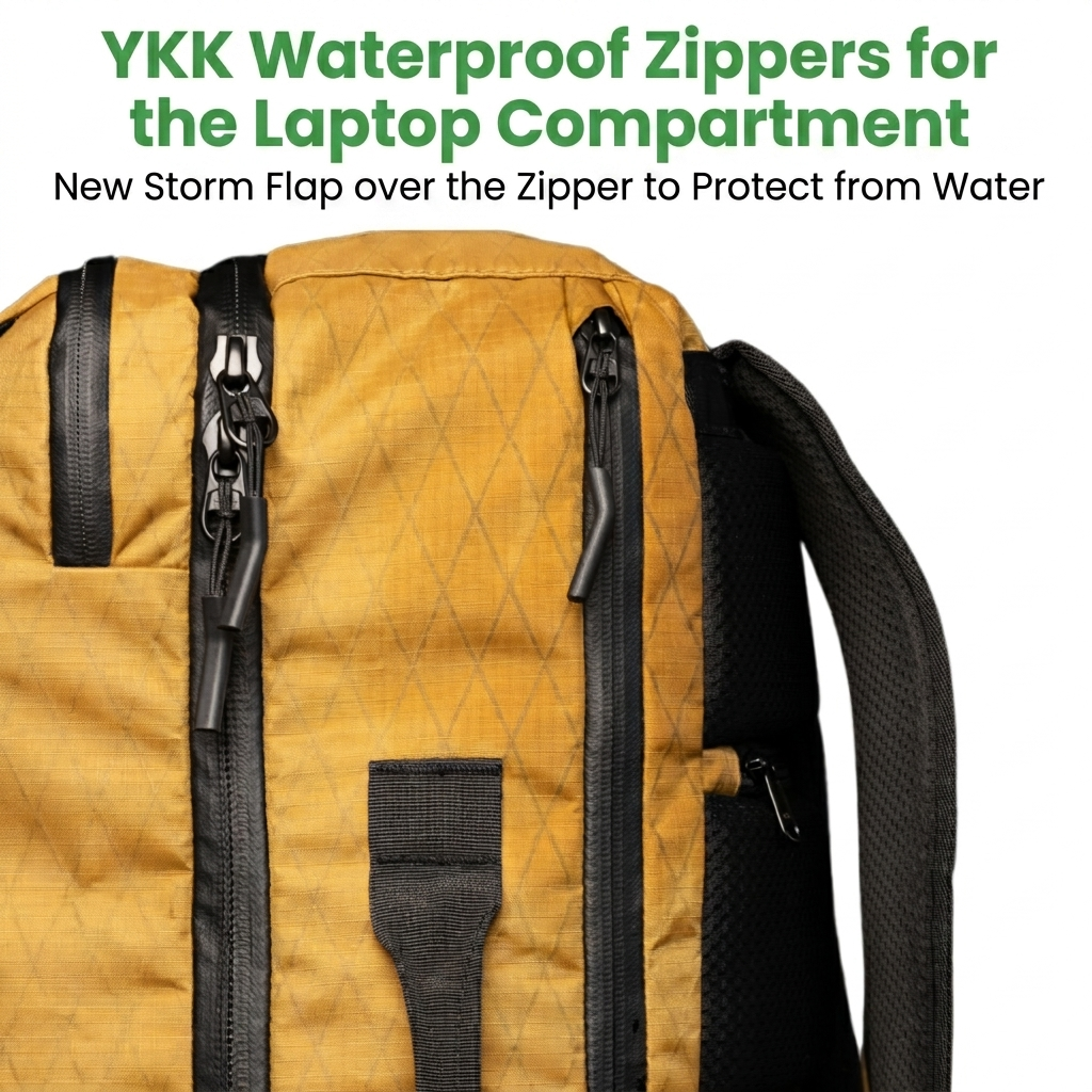YKK Zippers on Laptop Sleeve with Storm Flap on the Island Hopper Tricor Carry On Travel Backpack