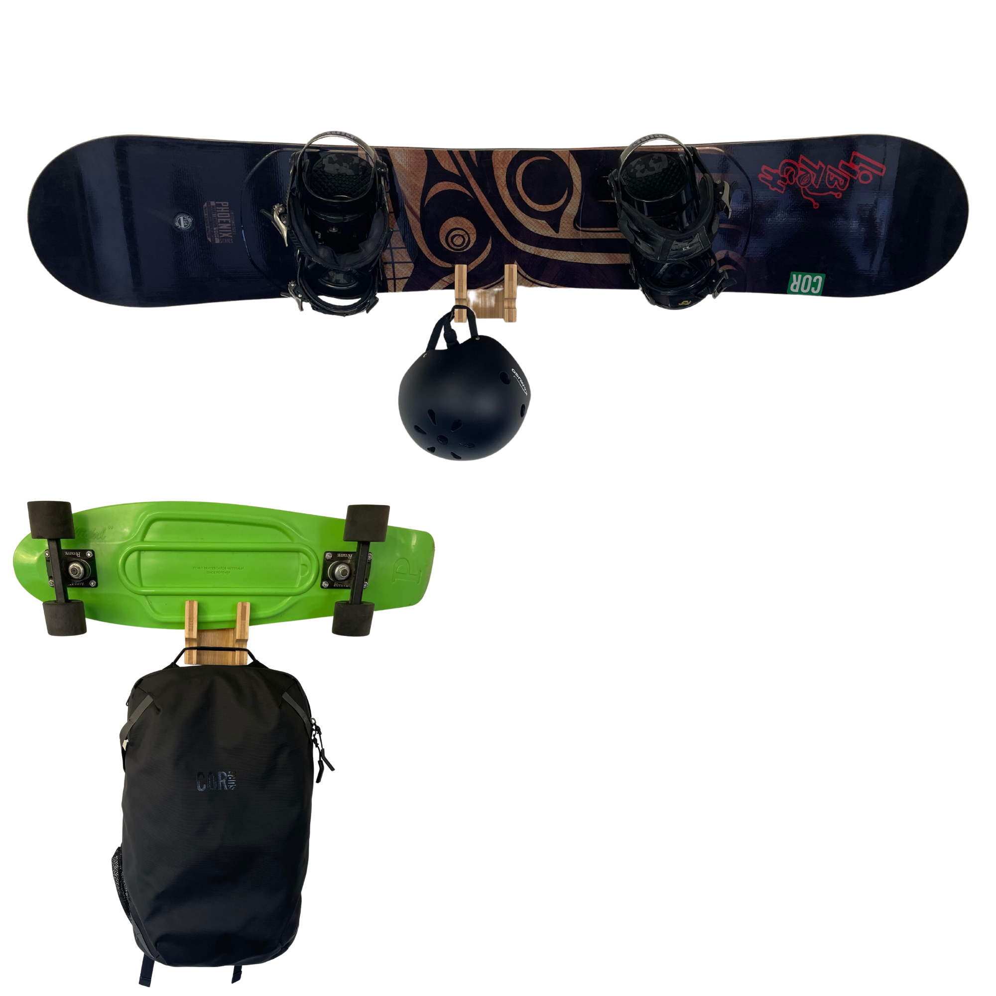 skateboard and snowboard storage wall mount with bamboo