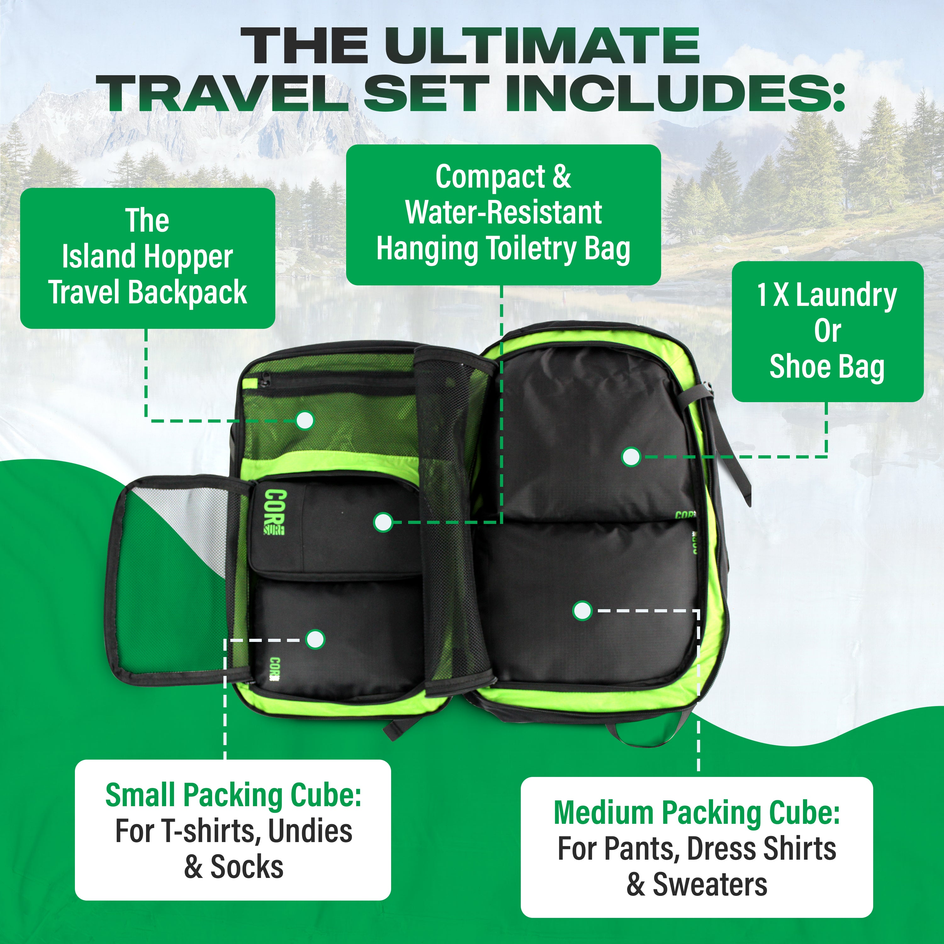 Island Hopper Travel Bundle - Backpack + Toiletry Bag + Compression Packing Cubes