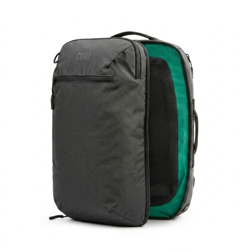 The island hopper 2.0 carry on travel backpack black with black zipper