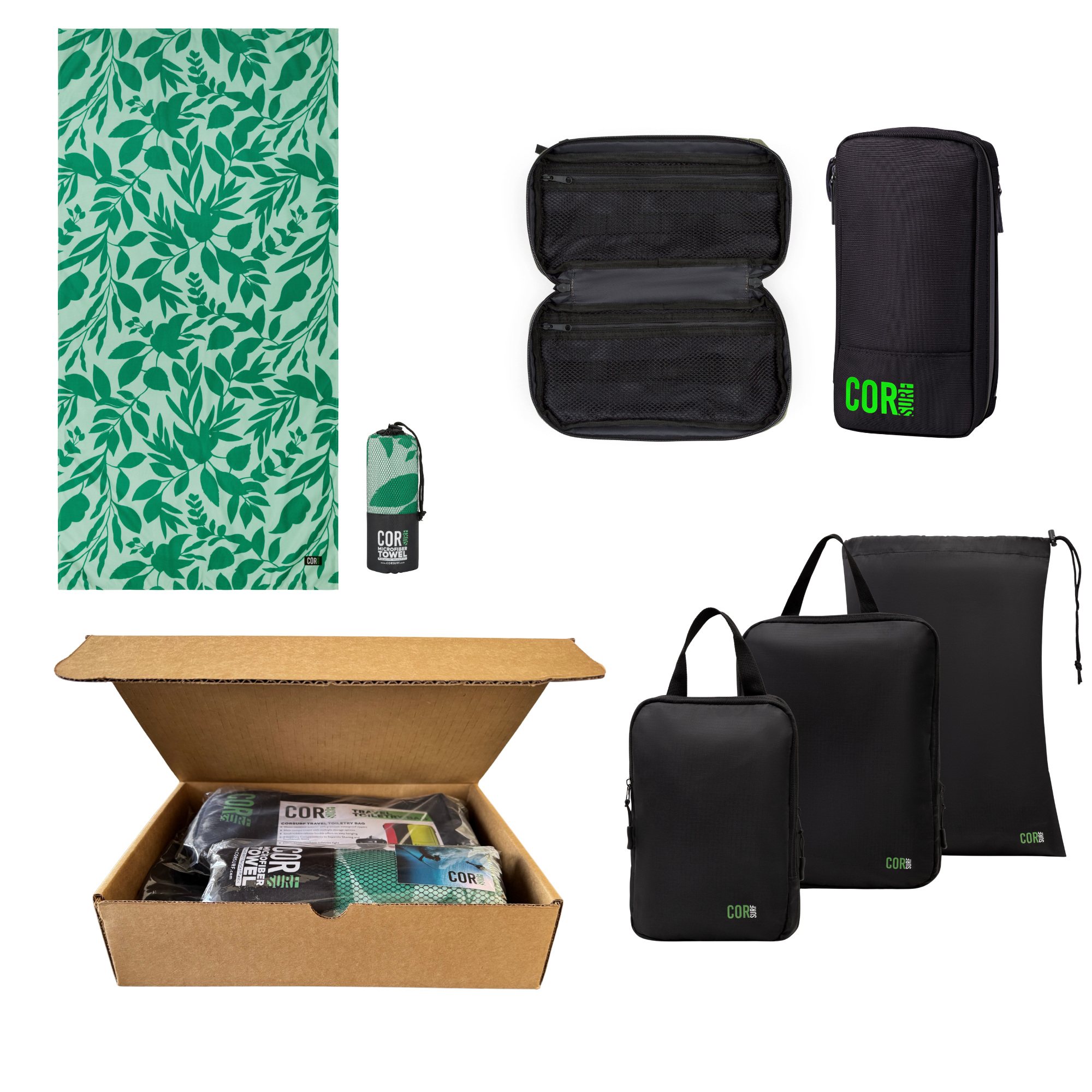 Travel Bundle Gift Set: Compact Toiletry Bag +Compression Packing Cubes + Long Eco Travel Beach Towel
