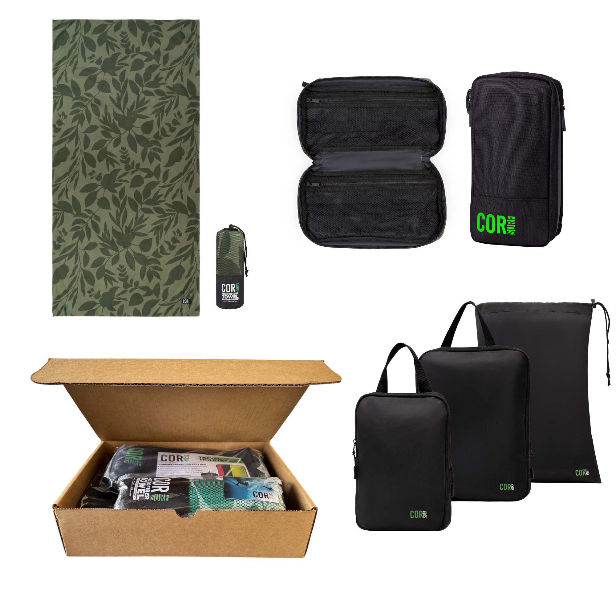 Travel Bundle Gift Set: Compact Toiletry Bag +Compression Packing Cubes + Long Eco Travel Beach Towel