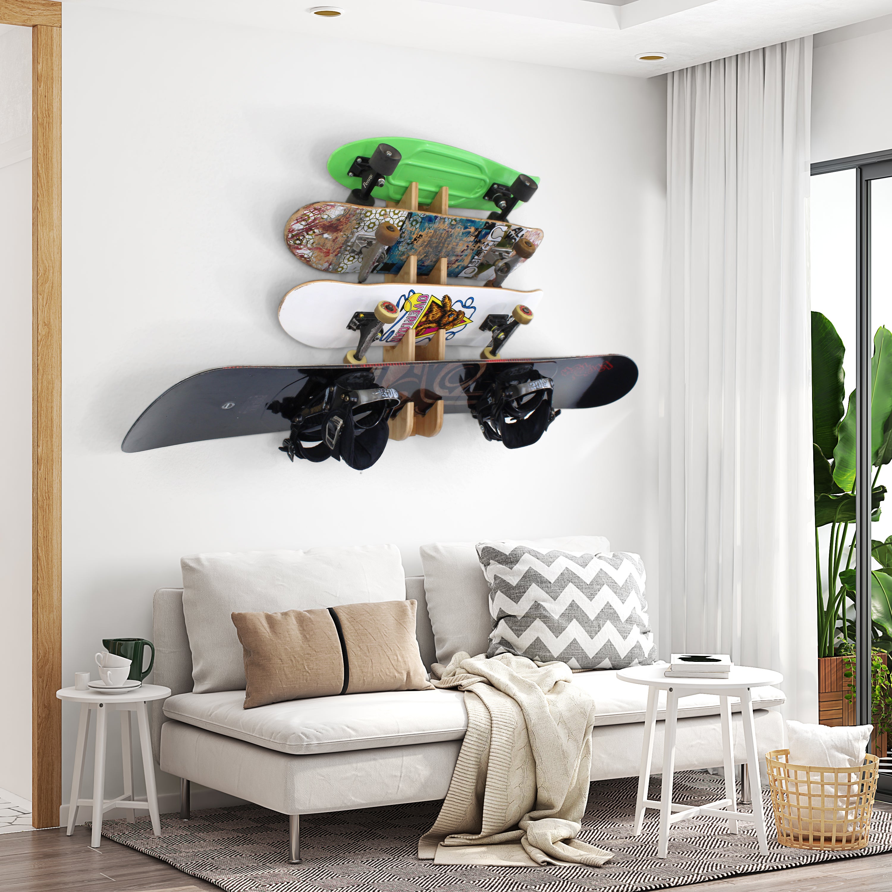 snowboard skateboard indoor wall rack storage four boards