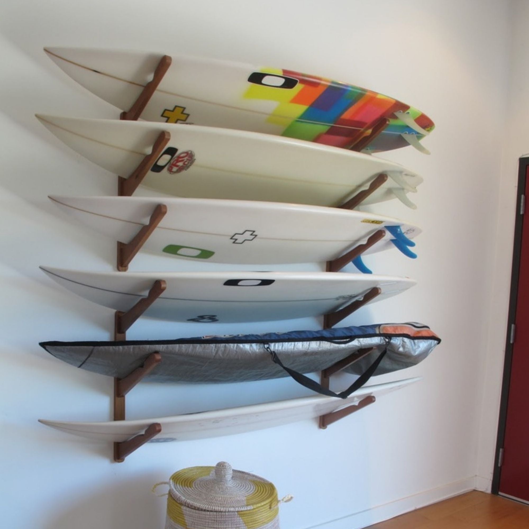 surfboard snowboard wall mount for three boards longboard shortboard and skateboard